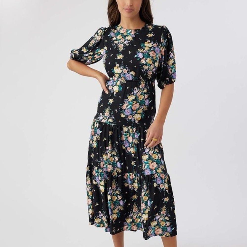 O’Neill NWT Alta Midi Floral Open Back Dress Women’s Small Black/Multi Romantic - Picture 2 of 14